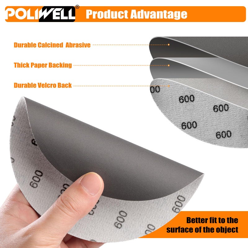 POLIWELL 6 Inch (150mm) 600 Grit High Performance Waterproof Hook & Loop Sanding Discs Heavy Duty Silicon Carbide Round Flocking Sandpaper for Wet/Dry Sanding Grinder Polishing Accessories, 20-Pack - Image 3